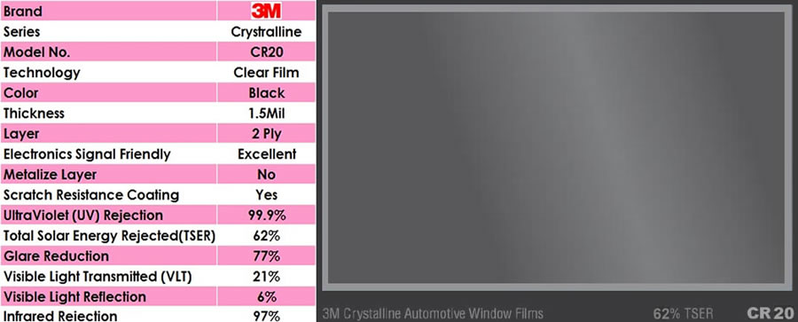 3M Window Film Crystalline 20/% VLT Automotive Solar Tint Multi Size CR20